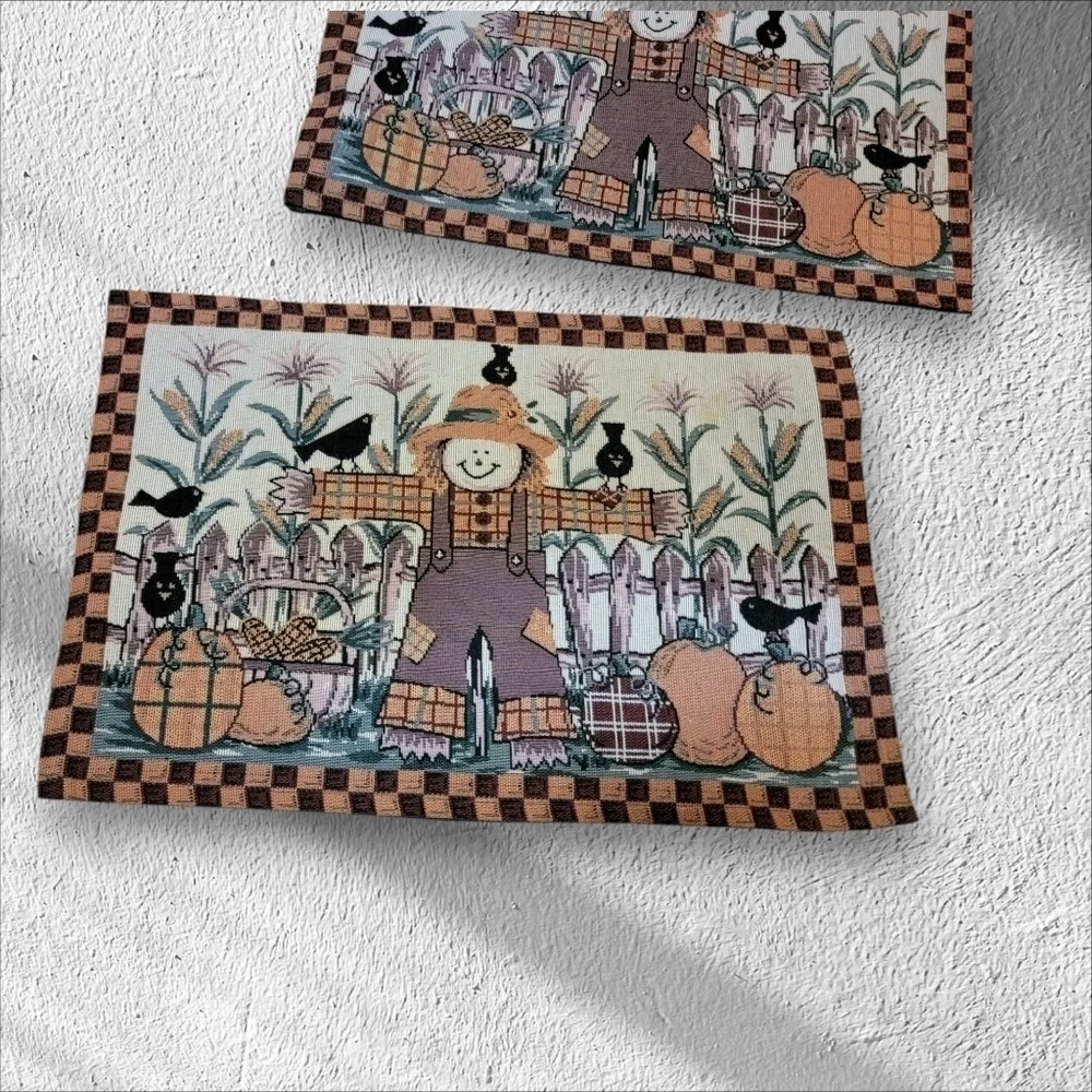 2 Fall Tapestry Placemat Scarecrow Pumpkin Halloween Thanksgiving Table Decor T5